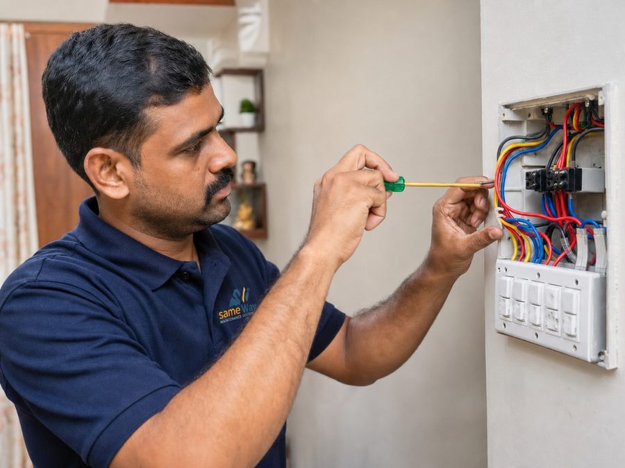 Sameway electrician working on a residential switchboard in Trivandrum
