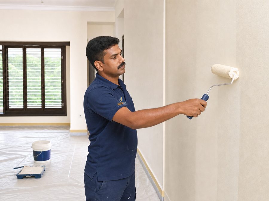Sameway painter rolling fresh paint onto an interior wall