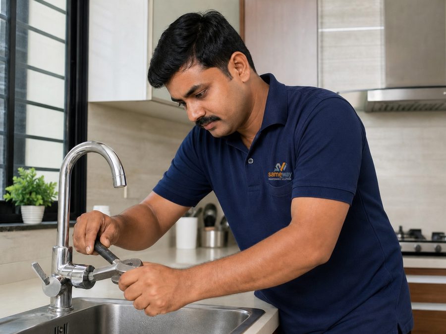Sameway plumber fixing a kitchen tap in a Trivandrum home