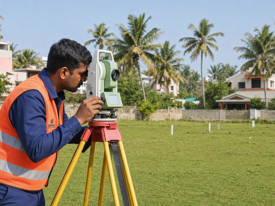 Sameway surveyor measuring a residential plot in Trivandrum district